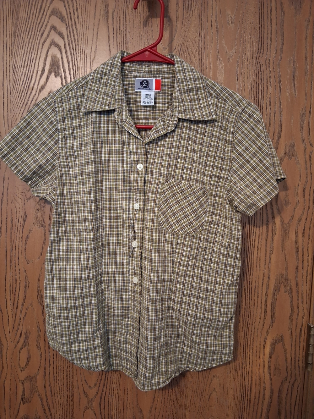 Arizona Jean Company Olive and Tan Plaid Short-Sleeve Button-Down Shirt